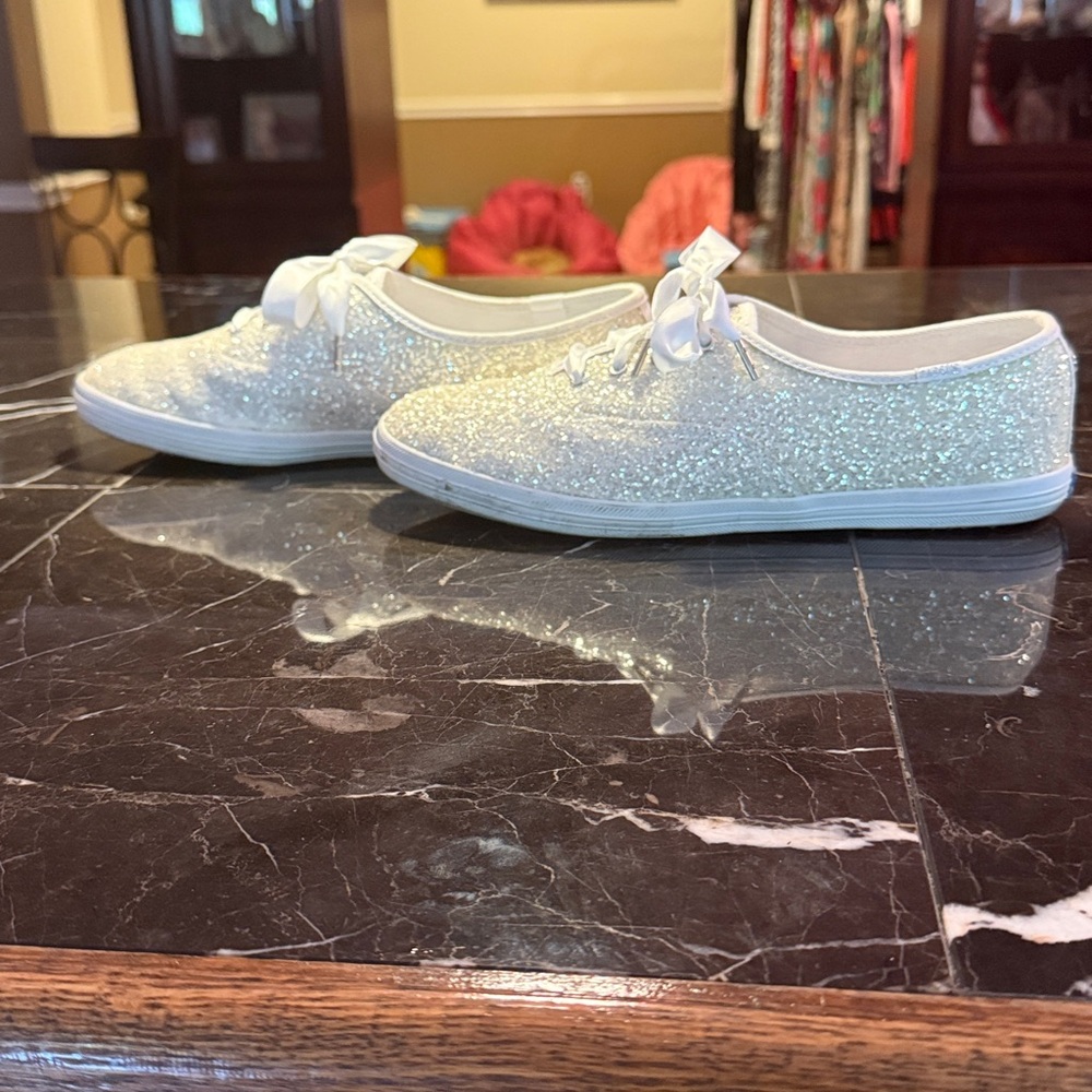 Size 8.5 Keds for Kate Spade white glitter sneakers with satin laces - Picture 5 of 9